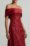 A-Line Red Off the Shoulder Midi Mother Of the Bride Dress with Sequins