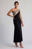 Black and Red One Shoulder Mermaid Midi Mother Of the Bride Dress with Sequins