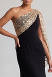 Black and Red One Shoulder Mermaid Midi Mother Of the Bride Dress with Sequins