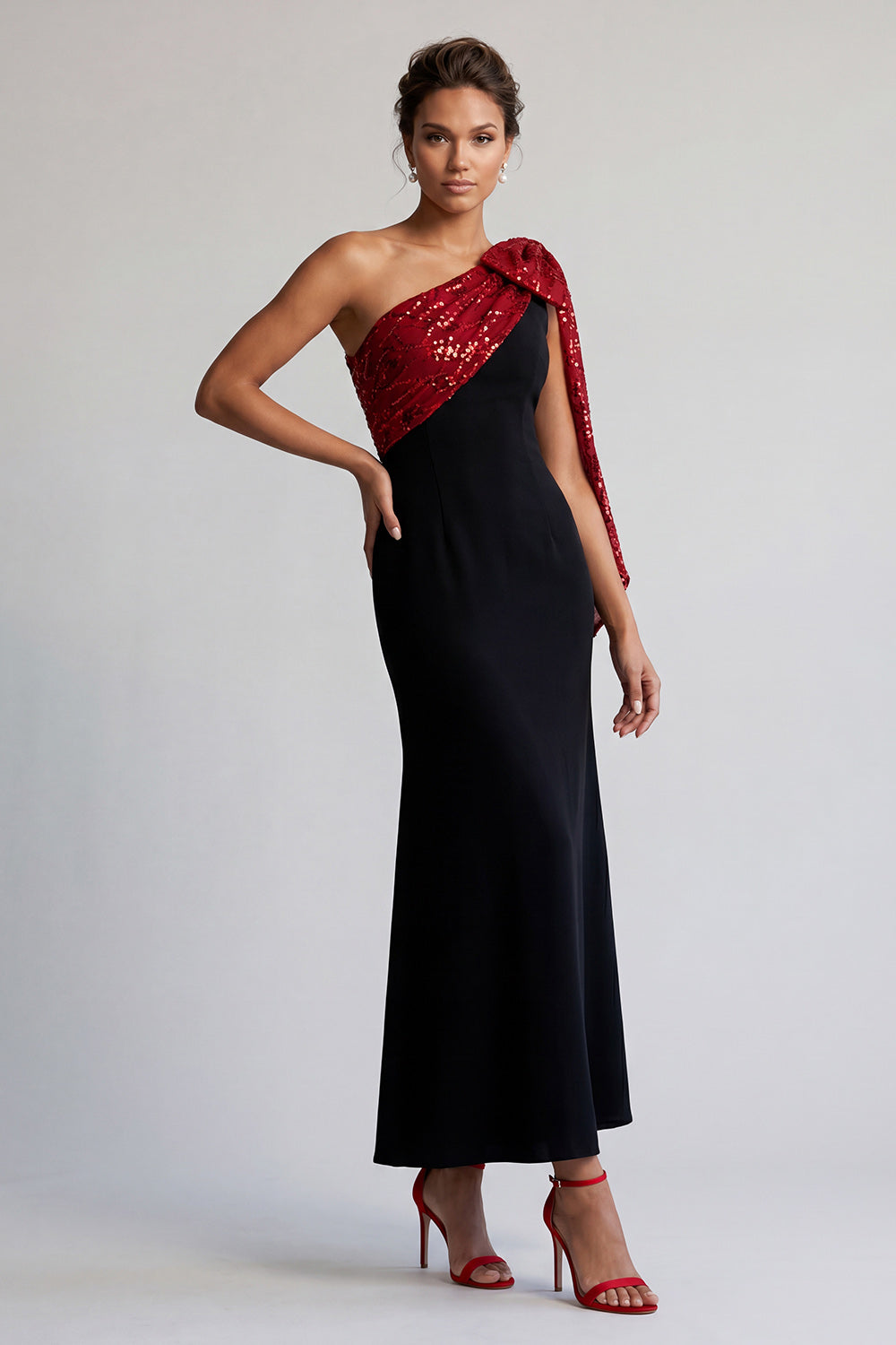 Zapaka Women Black and Red Mermaid Mother Of the Bride Dress with Sequins One Shoulder Midi Wedding Guest Dress, Black and Red / US14