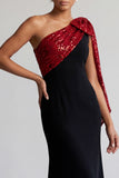 Black and Red One Shoulder Mermaid Midi Mother Of the Bride Dress with Sequins