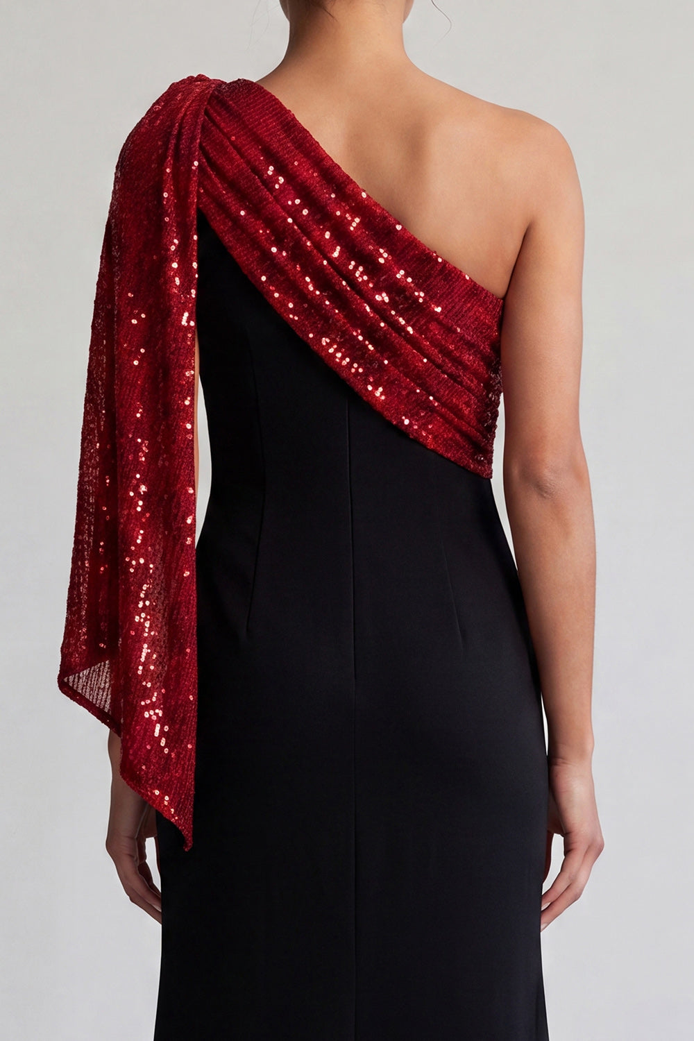 Zapaka Women Black and Red Mermaid Mother Of the Bride Dress with Sequins One Shoulder Midi Wedding Guest Dress, Black and Pink / US26W