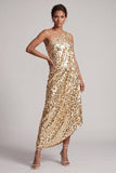 Sparkly Silver One Shoulder Mermaid Asymmetrical Midi Mother Of the Bride Dress with Sequins
