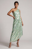 Sparkly Silver One Shoulder Mermaid Asymmetrical Midi Mother Of the Bride Dress with Sequins