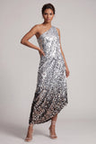Sparkly Silver One Shoulder Mermaid Asymmetrical Midi Mother Of the Bride Dress with Sequins