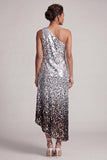 Sparkly Silver One Shoulder Mermaid Asymmetrical Midi Mother Of the Bride Dress with Sequins