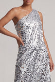 Sparkly Silver One Shoulder Mermaid Asymmetrical Midi Mother Of the Bride Dress with Sequins