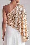 One Shoulder Champagne A-Line Midi Mother Of the Bride Dress with Sequins