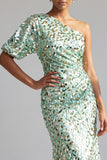 Mermaid Champagne One Shoulder Asymmetrical Ruched Sequins Midi Mother Of the Bride Dress