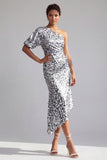 Mermaid Champagne One Shoulder Asymmetrical Ruched Sequins Midi Mother Of the Bride Dress