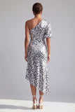 Mermaid Champagne One Shoulder Asymmetrical Ruched Sequins Midi Mother Of the Bride Dress