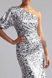 Mermaid Champagne One Shoulder Asymmetrical Ruched Sequins Midi Mother Of the Bride Dress