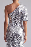 Mermaid Champagne One Shoulder Asymmetrical Ruched Sequins Midi Mother Of the Bride Dress