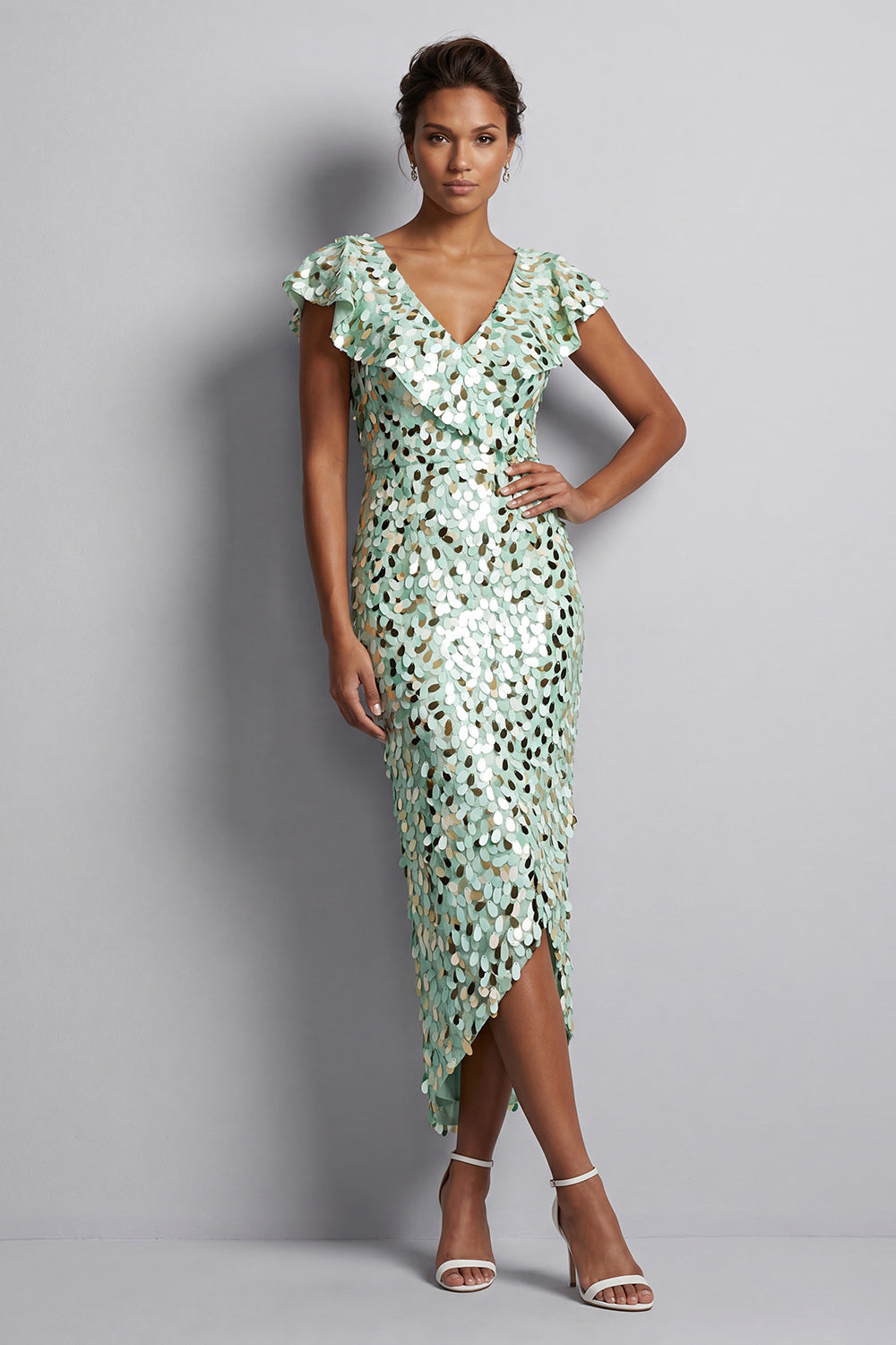 Zapaka Women Silver Mermaid Mother Of the Bride Dress with Ruffles V-Neck Asymmetrical Sequins Midi Wedding Guest Dress, Green / US24W