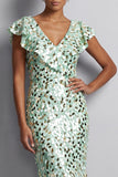 Mermaid Silver V-Neck Asymmetrical Sequins Midi Mother Of the Bride Dress with Ruffles