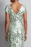 Mermaid Silver V-Neck Asymmetrical Sequins Midi Mother Of the Bride Dress with Ruffles
