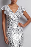 Mermaid Silver V-Neck Asymmetrical Sequins Midi Mother Of the Bride Dress with Ruffles