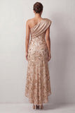 Peach Mermaid One Shoulder Asymmetrical Sequins Midi Mother Of the Bride Dress