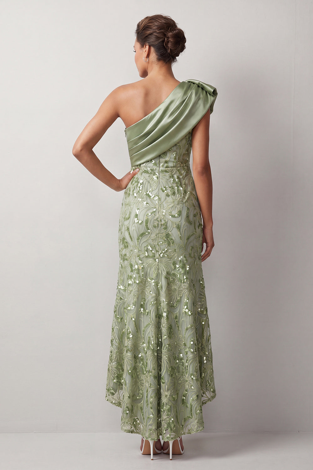 Zapaka Women Peach Mermaid Mother Of the Bride Dress One Shoulder Asymmetrical Sequins Midi Wedding Guest Dress, Green / US2