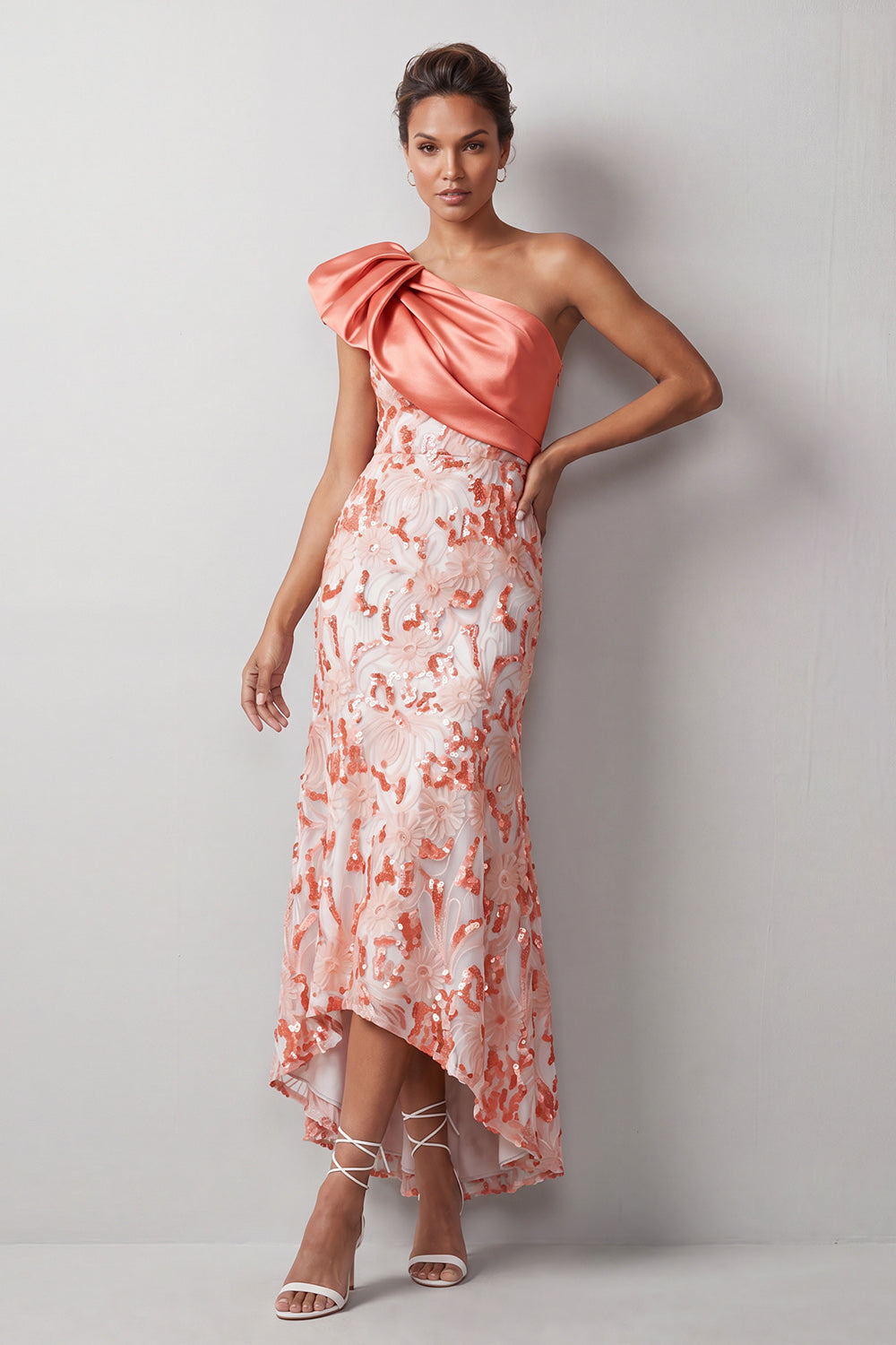 Zapaka Women Peach Mermaid Mother Of the Bride Dress One Shoulder Asymmetrical Sequins Midi Wedding Guest Dress, Peach / US14