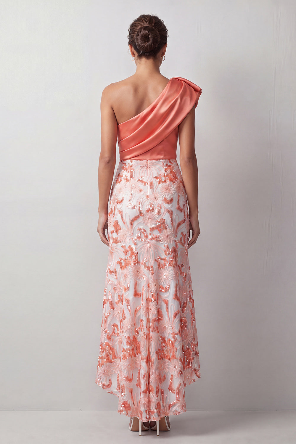 Zapaka Women Peach Mermaid Mother Of the Bride Dress One Shoulder Asymmetrical Sequins Midi Wedding Guest Dress, Peach / US14