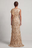 Champagne Mermaid Sequins Bateau Neck Long Mother Of the Bride Dress with Ruffles