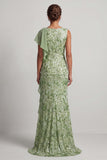 Champagne Mermaid Sequins Bateau Neck Long Mother Of the Bride Dress with Ruffles