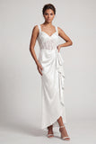 White Mermaid Corset Ruched Sequins Midi Mother Of the Bride Dress with Ruffles