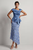 Blue Mermaid Asymmetrical Ruched Floral Midi Mother Of the Bride Dress