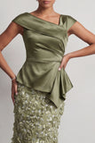 Blue Mermaid Asymmetrical Ruched Floral Midi Mother Of the Bride Dress