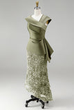 Blue Mermaid Asymmetrical Ruched Floral Midi Mother Of the Bride Dress