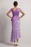 Blue Mermaid Asymmetrical Ruched Floral Midi Mother Of the Bride Dress