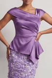 Blue Mermaid Asymmetrical Ruched Floral Midi Mother Of the Bride Dress