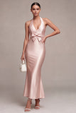 Dark Pink Mermaid Satin Halter Neck Backless Midi Dress with Bow