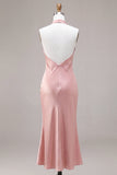 Dark Pink Mermaid Satin Halter Neck Backless Midi Dress with Bow
