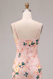 Pink Mermaid Floral Spaghetti Straps Midi Dress