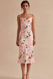 Pink Mermaid Floral Spaghetti Straps Midi Dress