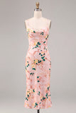 Pink Mermaid Floral Spaghetti Straps Midi Dress