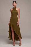 Chiffon Olive A-Line Halter Neck Midi Dress with Ruffles