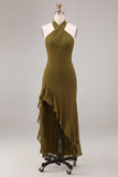 Chiffon Olive A-Line Halter Neck Midi Dress with Ruffles