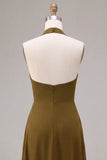 Chiffon Olive A-Line Halter Neck Midi Dress with Ruffles