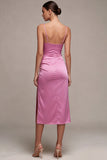 Fuchsia Satin Ruched Mermaid Spaghetti Straps Midi Dress with Slit