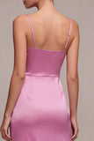 Fuchsia Satin Ruched Mermaid Spaghetti Straps Midi Dress with Slit