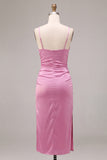 Fuchsia Satin Ruched Mermaid Spaghetti Straps Midi Dress with Slit