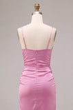 Fuchsia Satin Ruched Mermaid Spaghetti Straps Midi Dress with Slit