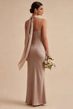 Mermaid Dusty Rose Satin Spaghetti Straps Maxi Dress with Neck Scarf