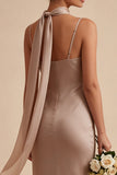 Mermaid Dusty Rose Satin Spaghetti Straps Maxi Dress with Neck Scarf