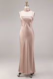 Mermaid Dusty Rose Satin Spaghetti Straps Maxi Dress with Neck Scarf