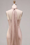 Mermaid Dusty Rose Satin Spaghetti Straps Maxi Dress with Neck Scarf