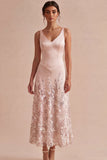 A-Line Pink Satin V-Neck Midi Floral Dress with Sequins